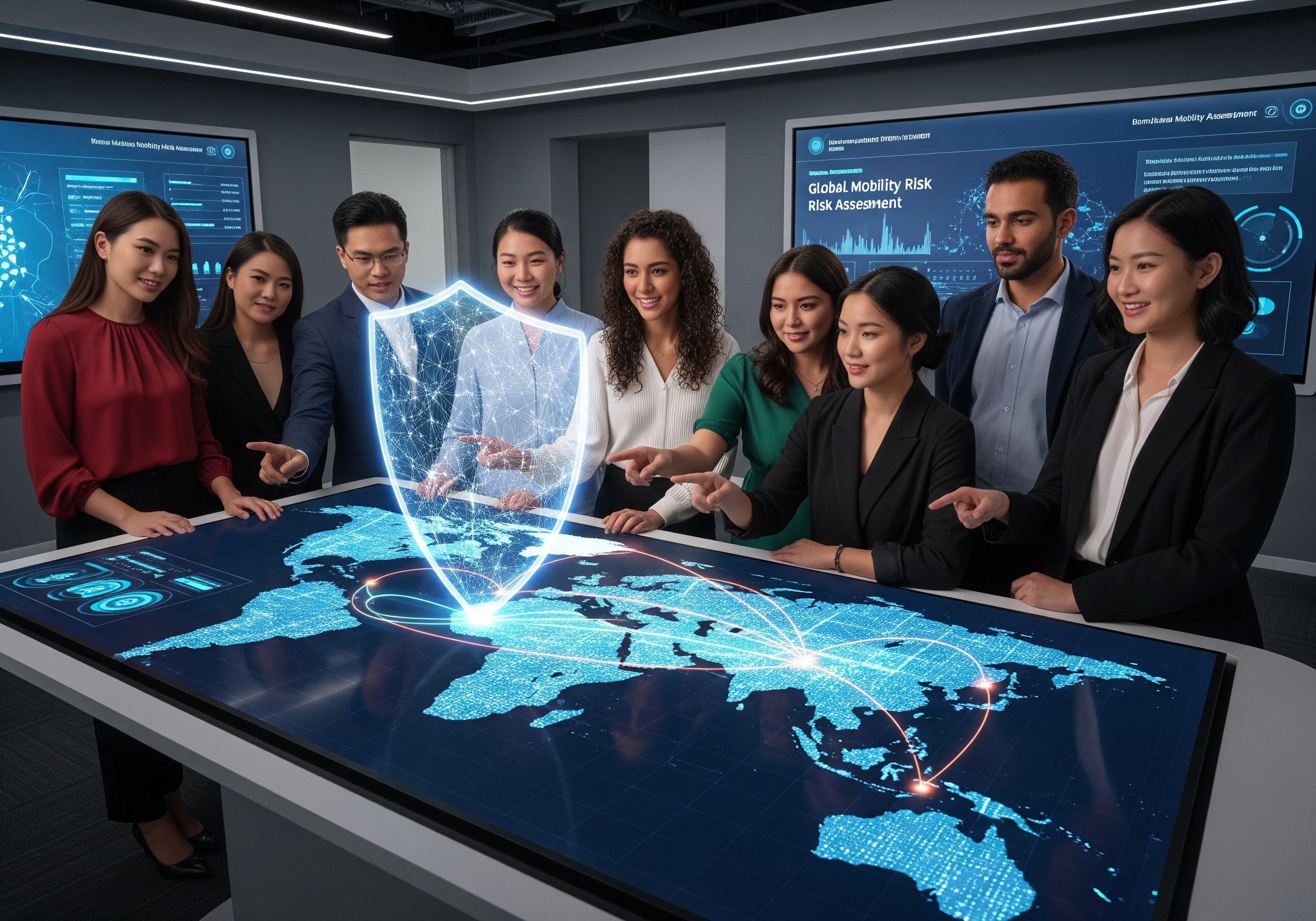 Comprehensive Risk Management Plan for International Student Mobility A Guide for Universities, Powered by AI A diverse group of university staff and international students collaborating around a glowing digital dashboard with a holographic safety network over a world map, symbolizing AI-powered risk management for global student mobility.