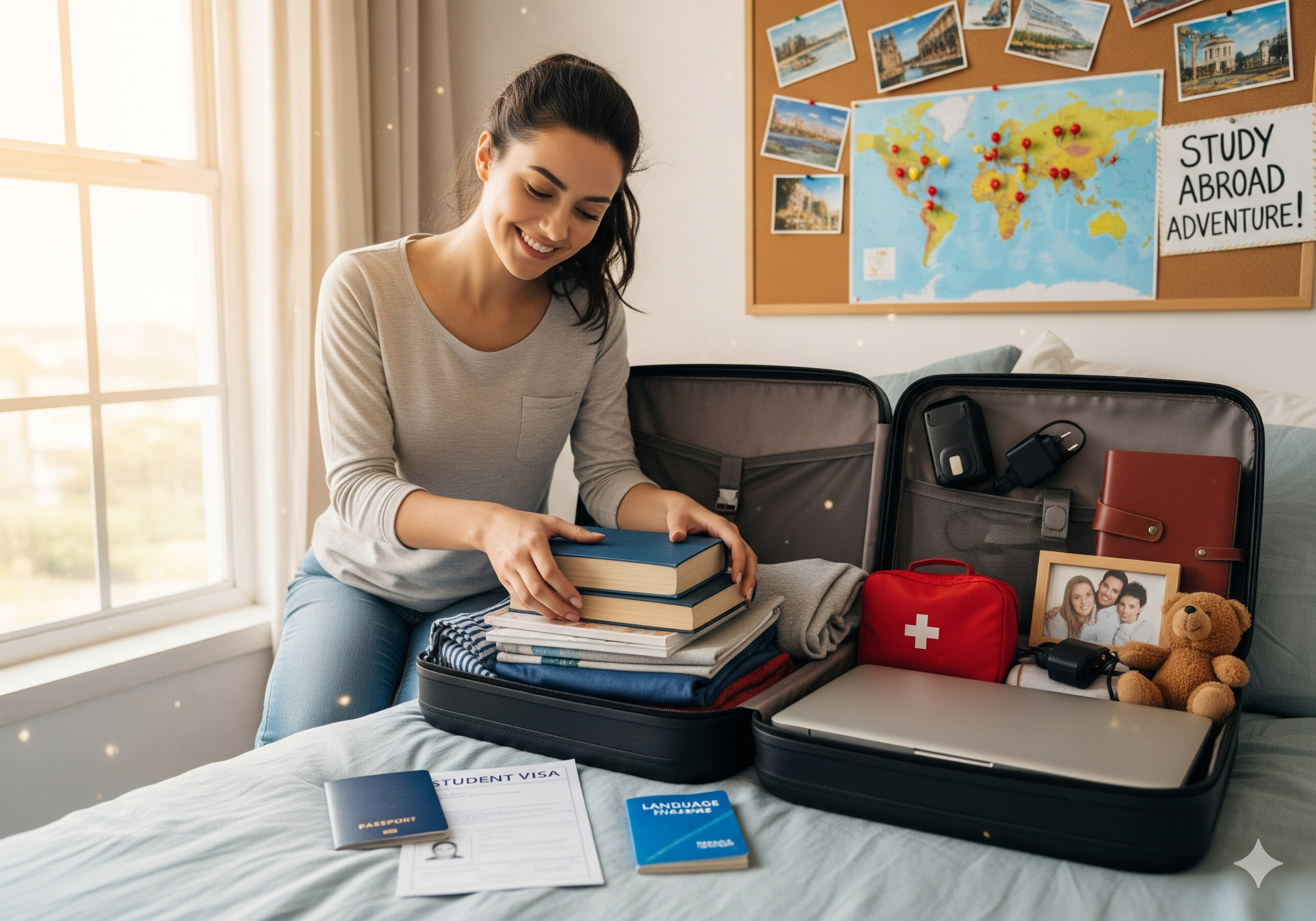The Study Abroad Journey: A Student Packs for Her Global Education Adventure A smiling young woman preparing for study abroad, kneeling by a suitcase with a passport, student visa, and a world map on a corkboard. The image captures the excitement of global education and international student life