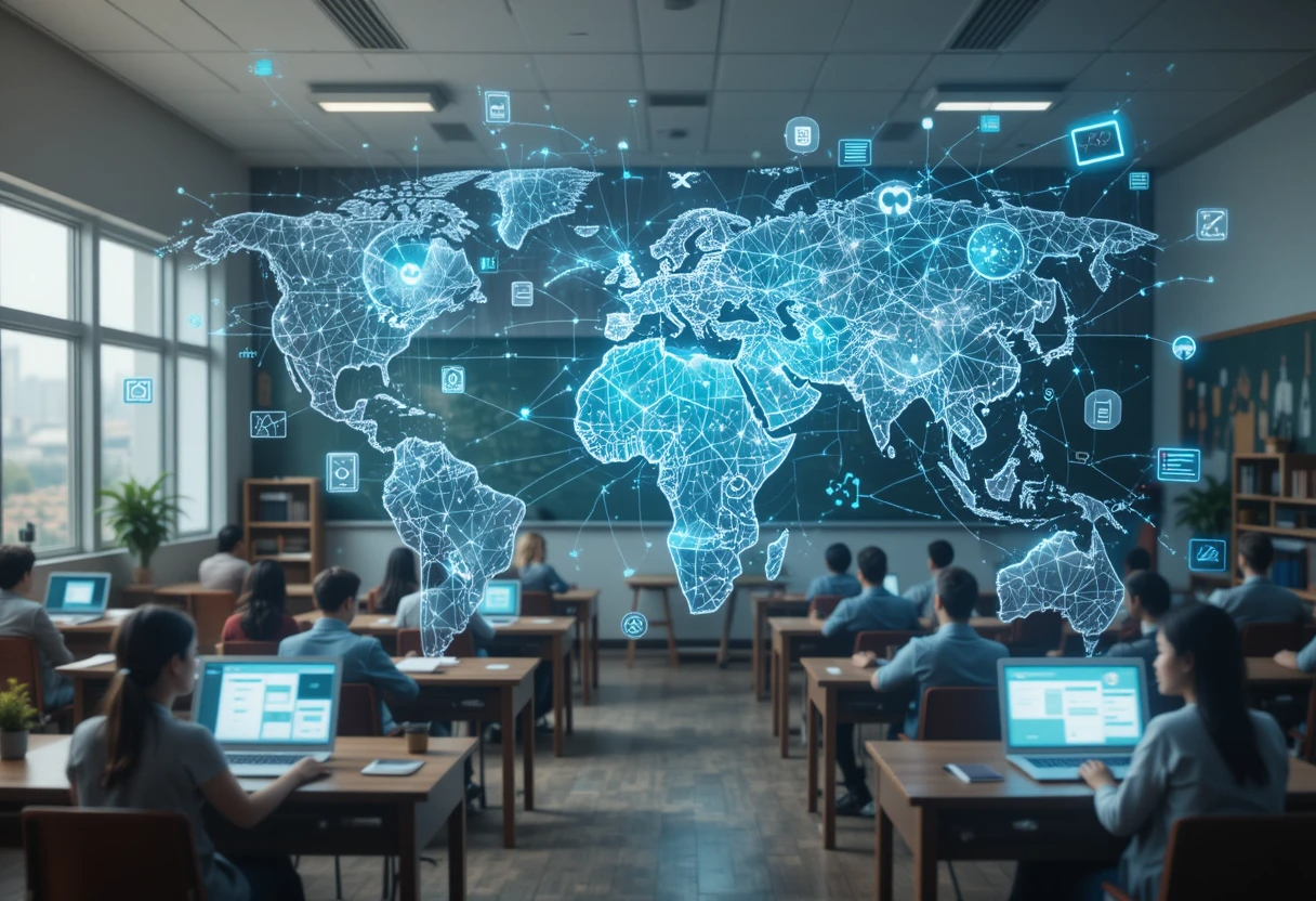 Navigating Global Classrooms with AI A digital collage depicting various educational settings around the world, from traditional classrooms and modern university buildings to outdoor learning spaces, all interconnected by glowing blue circuit lines and AI-themed digital nodes.