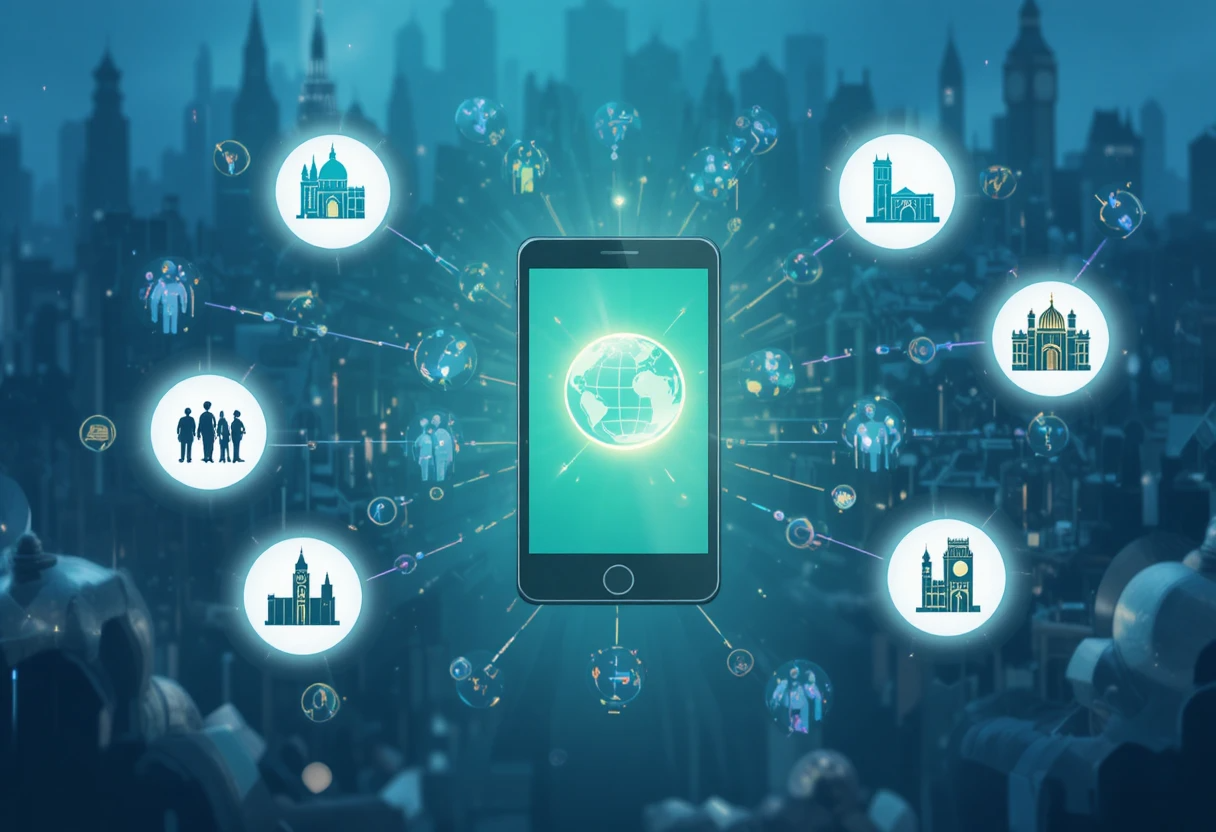 Strategic Communications for Exchange Students A digital illustration of a smartphone at the center, with glowing lines connecting to icons representing global landmarks and students. A network shield surrounds the phone, symbolizing a crisis communication plan.