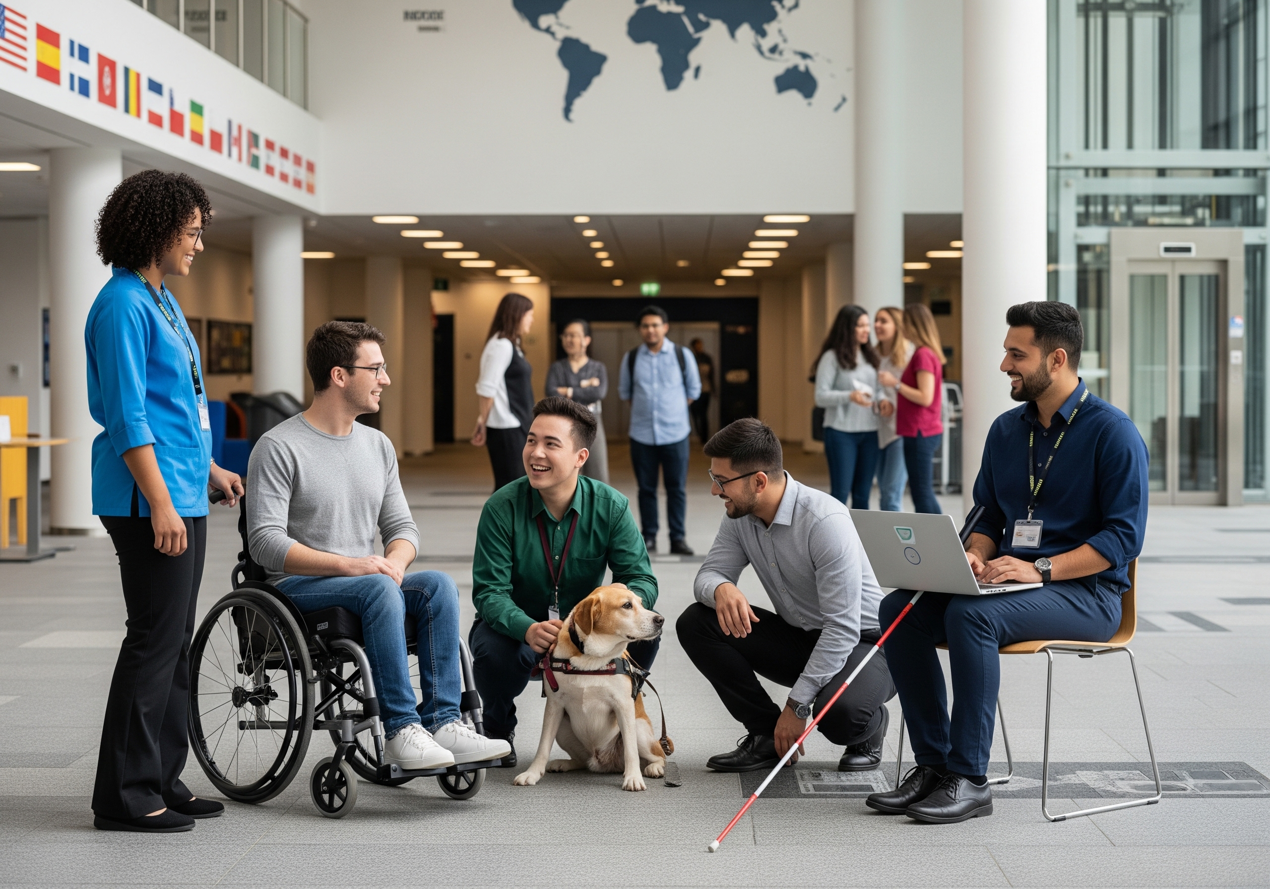 Resource Guide for Outgoing Students with Disabilities (1) Diverse students with disabilities and staff meeting in a university hall under a world map, symbolizing accessible global education.