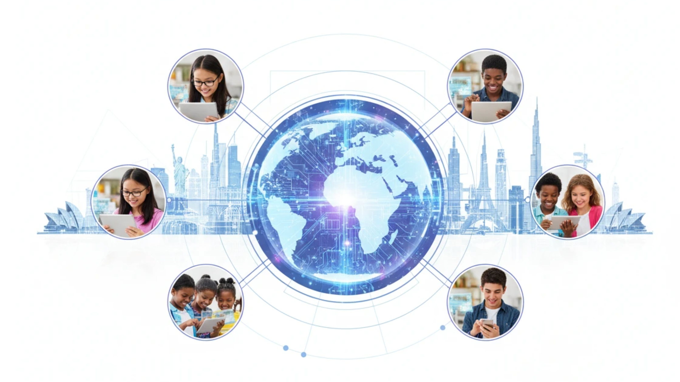 Digital graphic showing a brain circuit and a globe projected over diverse students using tablets, representing AI in international education.